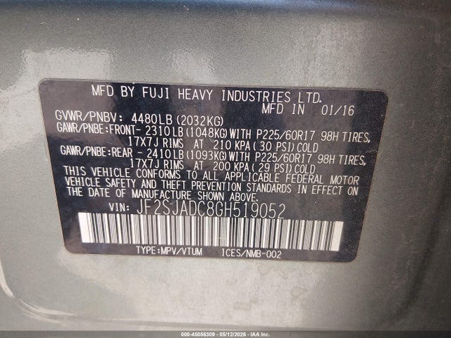 45056309 :رقم المزاد ، JF2SJADC8GH519052 vin ، 2016 Subaru Forester 2.5i Premium مزاد بيع