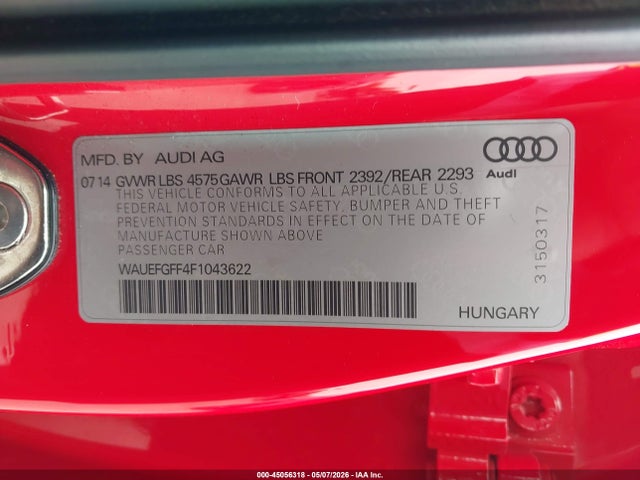 45056318 :رقم المزاد ، WAUEFGFF4F1043622 vin ، 2015 Audi A3 2.0t Premium مزاد بيع