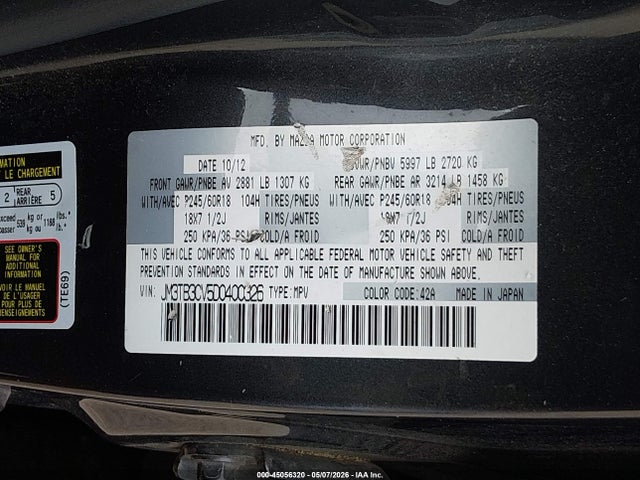 Aukcja sprzedaży 2013 Mazda Cx-9 Touring, vin: JM3TB3CV5D0400326, numer aukcji: 45056320