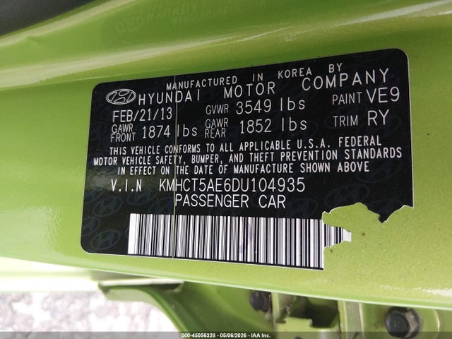 Продажа на аукционе авто 2013 Hyundai Accent Gs, vin: KMHCT5AE6DU104935, номер лота: 45056328