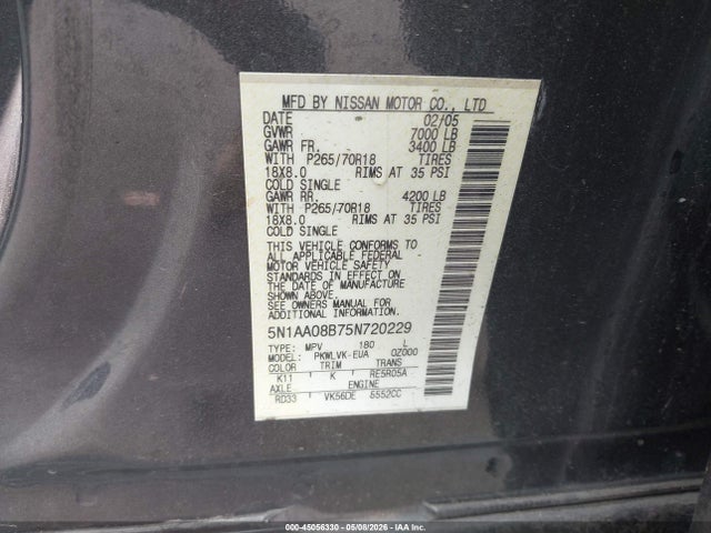 45056330 :رقم المزاد ، 5N1AA08B75N720229 vin ، 2005 Nissan Armada Le مزاد بيع