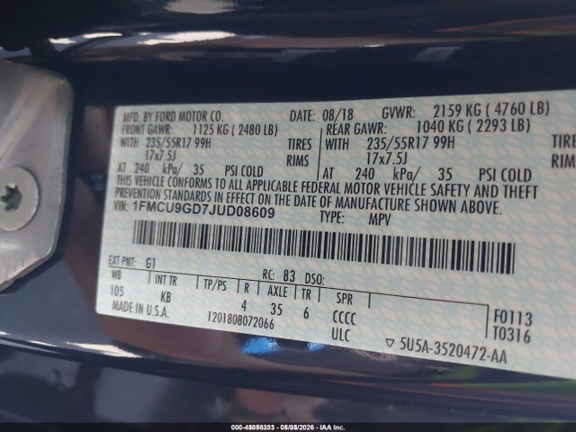 1FMCU9GD7JUD08609 Ford ESCAPE SE
