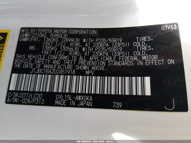 Продаж на аукціоні авто 2013 Lexus Rx 450h, vin: JTJBC1BA2D2451918, номер лоту: 45056334