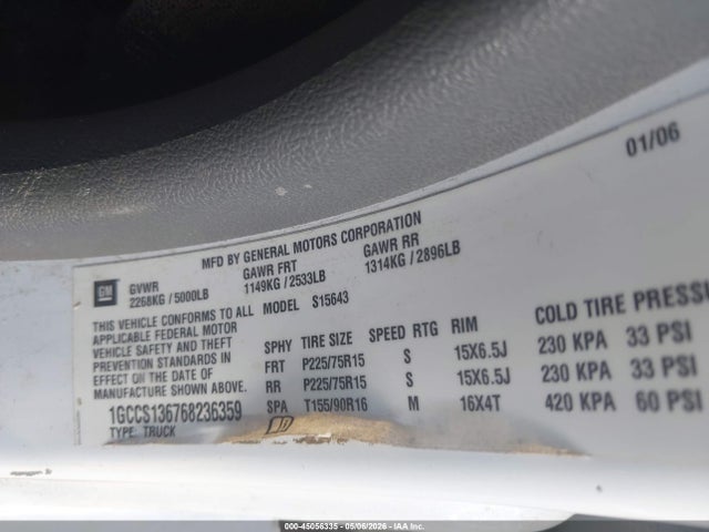 Продаж на аукціоні авто 2006 Chevrolet Colorado Lt, vin: 1GCCS136768236359, номер лоту: 45056335