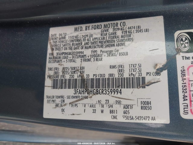 45056338 :رقم المزاد ، 3FAHP0HG8CR359994 vin ، 2012 Ford Fusion Se مزاد بيع