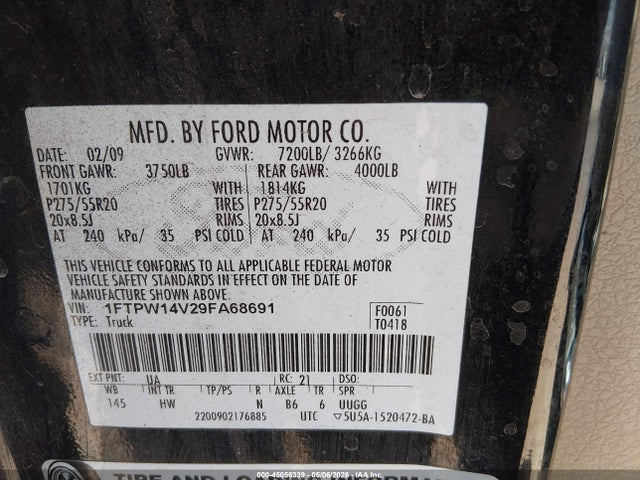 Aukcja sprzedaży 2009 Ford F-150 Fx4/king Ranch/lariat/platinum/xl/xlt, vin: 1FTPW14V29FA68691, numer aukcji: 45056339