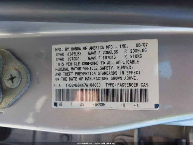 Aukcja sprzedaży 2007 Honda Accord 3.0 Se, vin: 1HGCM66447A104060, numer aukcji: 45056340