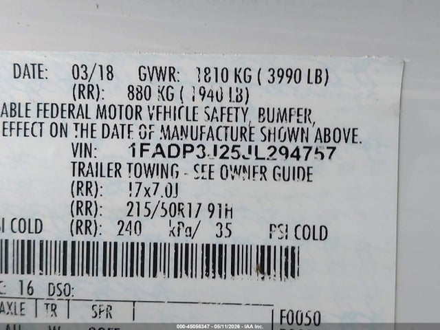 Продажа на аукционе авто 2018 Ford Focus Titanium, vin: 1FADP3J25JL294757, номер лота: 45056347