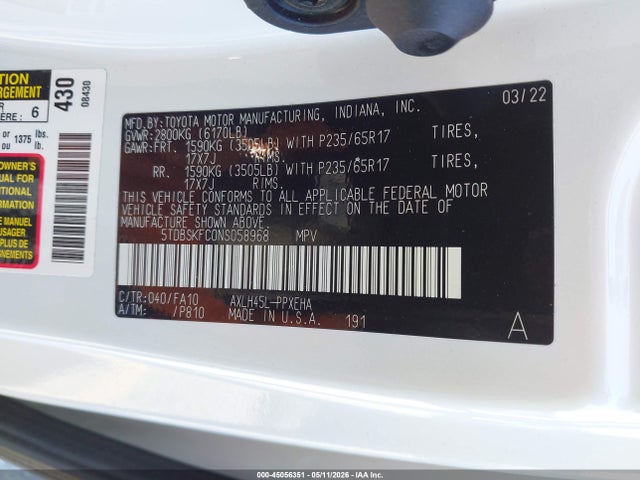 Aukcja sprzedaży 2022 Toyota Sienna Le, vin: 5TDBSKFC0NS058968, numer aukcji: 45056351