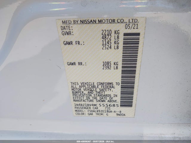 Aukcja sprzedaży 2021 Nissan Leaf S Plus 62 Kwh, vin: 1N4BZ1BV4MC555685, numer aukcji: 45056367