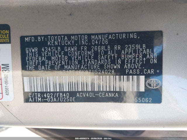 Aukcja sprzedaży 2007 Toyota Camry Le, vin: 4T1BE46K97U524028, numer aukcji: 45056374