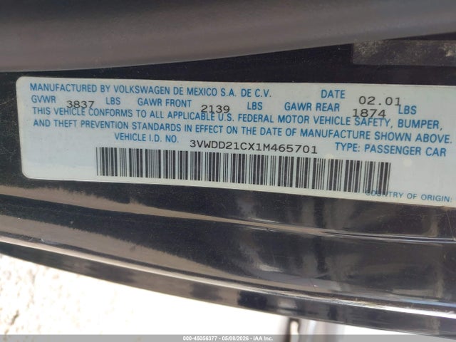 2001 Volkswagen New Beetle Glx მანქანა იყიდება აუქციონზე, vin: 3VWDD21CX1M465701, აუქციონის ნომერი: 45056377