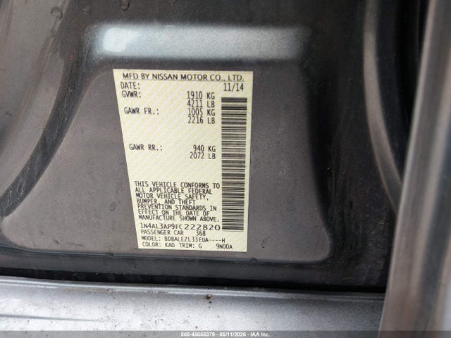 45056379 :رقم المزاد ، 1N4AL3AP9FC222820 vin ، 2015 Nissan Altima 2.5 S مزاد بيع