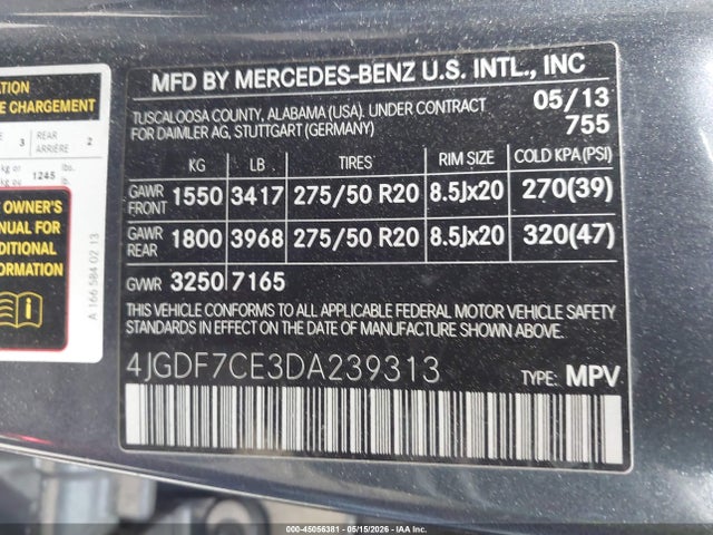 45056381 :رقم المزاد ، 4JGDF7CE3DA239313 vin ، 2013 Mercedes-benz Gl 450 4matic مزاد بيع