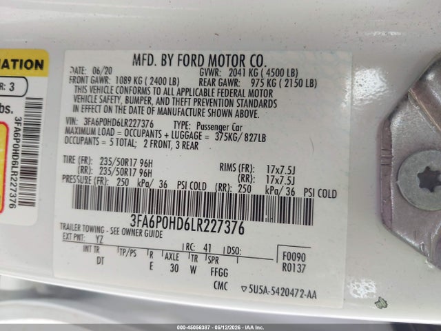 Продаж на аукціоні авто 2020 Ford Fusion Se, vin: 3FA6P0HD6LR227376, номер лоту: 45056387
