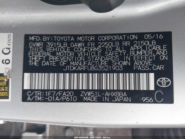 45056389 :رقم المزاد ، JTDKARFU8G3521903 vin ، 2016 Toyota Prius Two Eco مزاد بيع