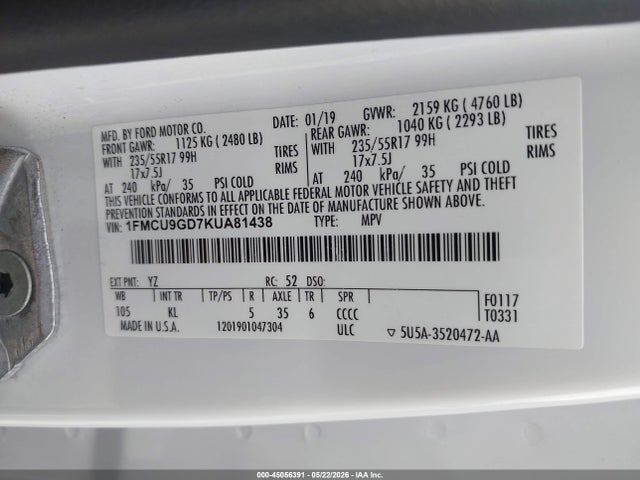 Aukcja sprzedaży 2019 Ford Escape Se, vin: 1FMCU9GD7KUA81438, numer aukcji: 45056391