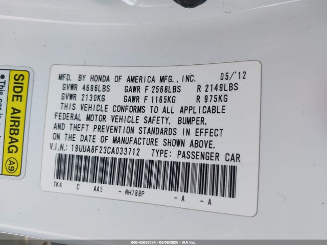 Продаж на аукціоні авто 2012 Acura Tl 3.5, vin: 19UUA8F23CA033712, номер лоту: 45056394