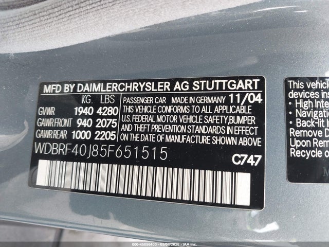 Aukcja sprzedaży 2005 Mercedes-benz C 230 Kompressor Sport, vin: WDBRF40J85F651515, numer aukcji: 45056400