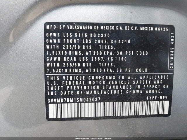 Aukcja sprzedaży 2025 Volkswagen Tiguan 2.0t Se, vin: 3VVMR7RM1SM042037, numer aukcji: 45056405