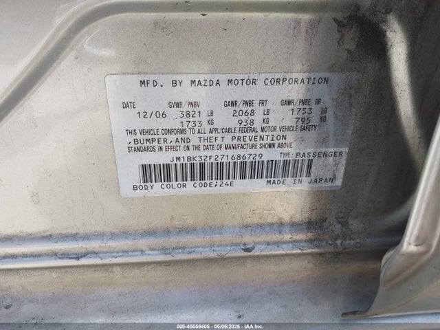 Aukcja sprzedaży 2007 Mazda Mazda3 I, vin: JM1BK32F271686729, numer aukcji: 45056408