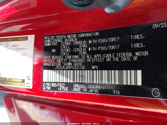 Aukcja sprzedaży 2023 Toyota 4runner Sr5, vin: JTEEU5JR9P5302738, numer aukcji: 45056419