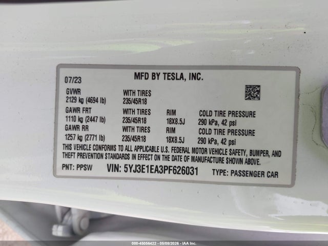 Продаж на аукціоні авто 2023 Tesla Model 3 Rear-wheel Drive, vin: 5YJ3E1EA3PF626031, номер лоту: 45056422