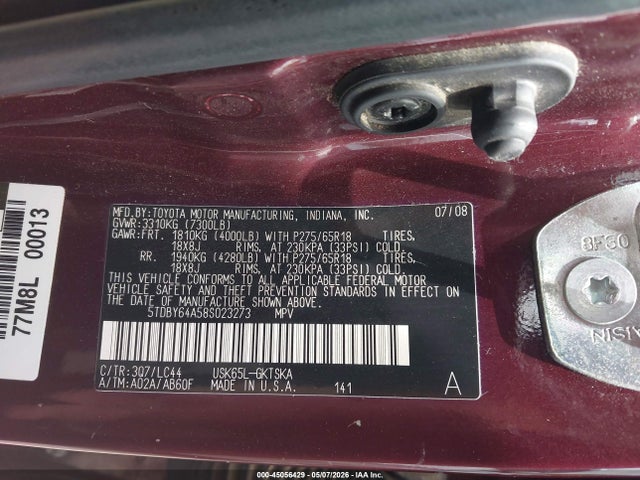 2008 Toyota Sequoia Sr5 5.7l V8 მანქანა იყიდება აუქციონზე, vin: 5TDBY64A58S023273, აუქციონის ნომერი: 45056429