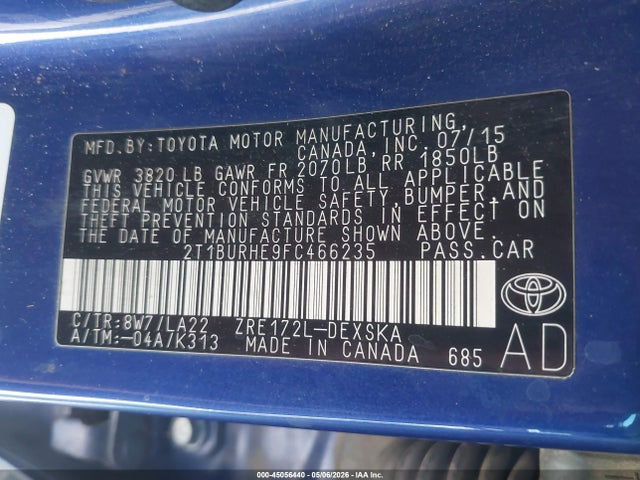 Продаж на аукціоні авто 2015 Toyota Corolla S Premium, vin: 2T1BURHE9FC466235, номер лоту: 45056440