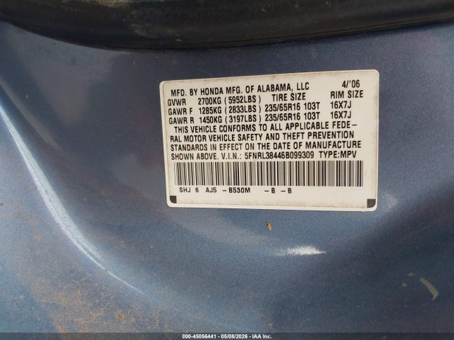 45056441 :رقم المزاد ، 5FNRL38446B099309 vin ، 2006 Honda Odyssey Ex مزاد بيع