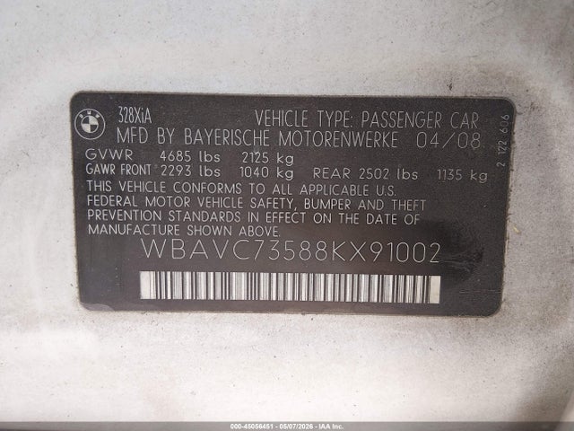 Продажа на аукционе авто 2008 Bmw 328xi, vin: WBAVC73588KX91002, номер лота: 45056451