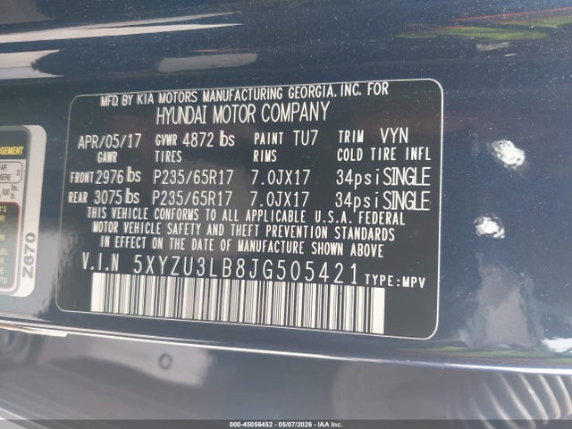2018 Hyundai Santa Fe Sport 2.4l მანქანა იყიდება აუქციონზე, vin: 5XYZU3LB8JG505421, აუქციონის ნომერი: 45056452