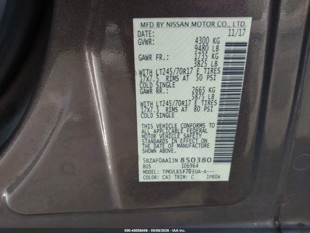 2018 Nissan Nv Passenger Nv3500 Hd Sl V8 მანქანა იყიდება აუქციონზე, vin: 5BZAF0AA1JN850380, აუქციონის ნომერი: 45056456