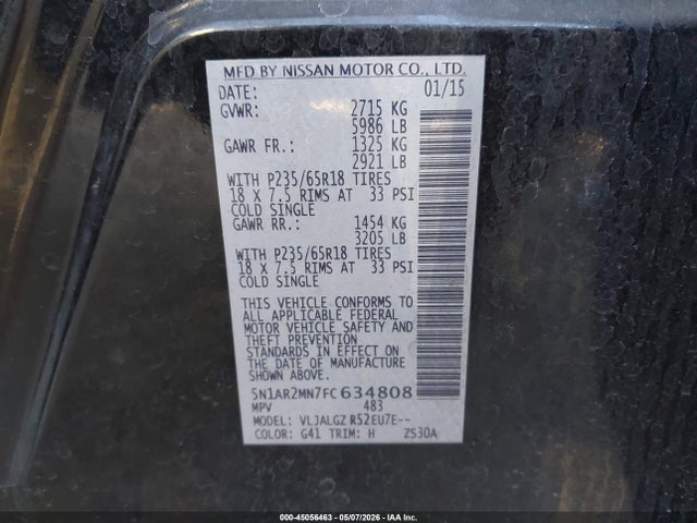 Продажа на аукционе авто 2015 Nissan Pathfinder Sl, vin: 5N1AR2MN7FC634808, номер лота: 45056463