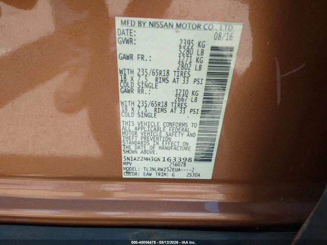 Продаж на аукціоні авто 2016 Nissan Murano Sl, vin: 5N1AZ2MH3GN163398, номер лоту: 45056478