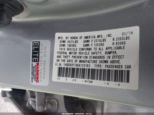 Aukcja sprzedaży 2014 Honda Accord Ex, vin: 1HGCR2F7XEA123763, numer aukcji: 45056480