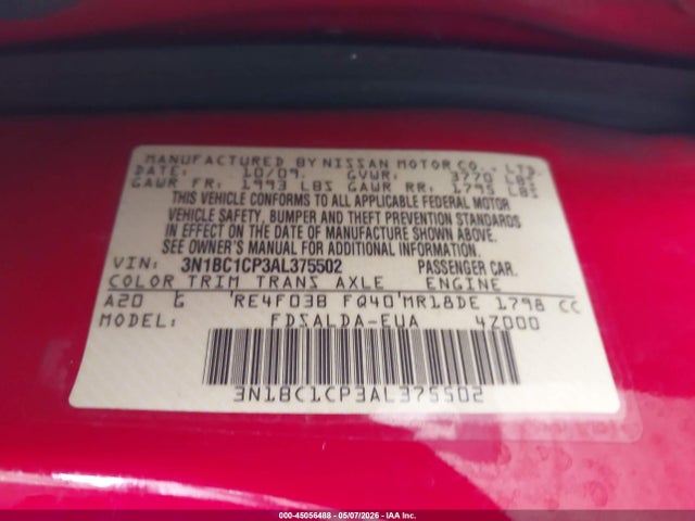 45056488 :رقم المزاد ، 3N1BC1CP3AL375502 vin ، 2010 Nissan Versa 1.8s مزاد بيع
