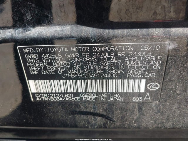 Aukcja sprzedaży 2010 Lexus Is 250, vin: JTHBF5C23A5124400, numer aukcji: 45056494