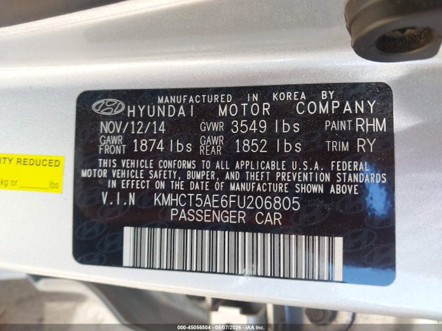 KMHCT5AE6FU206805 Hyundai ACCENT GS
