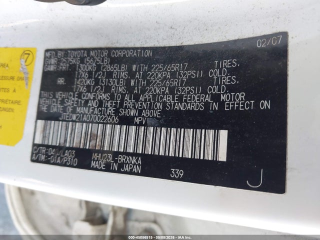 Продаж на аукціоні авто 2007 Toyota Highlander Hybrid Limited V6, vin: JTEDW21A070022606, номер лоту: 45056515
