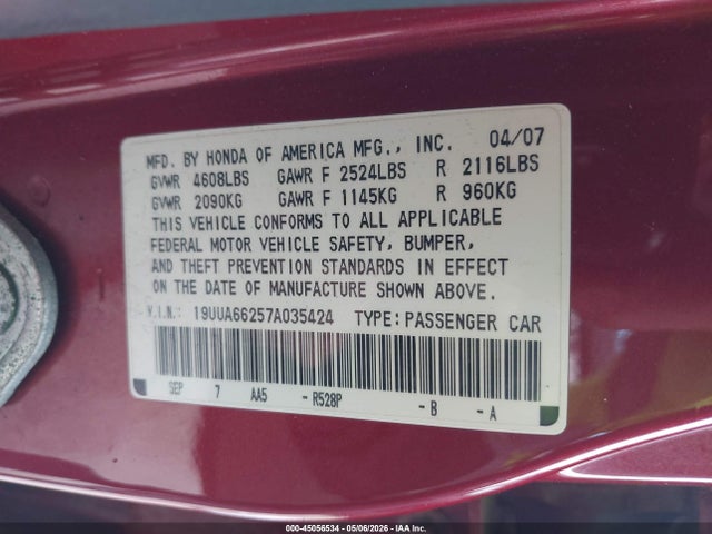 Продаж на аукціоні авто 2007 Acura Tl 3.2, vin: 19UUA66257A035424, номер лоту: 45056534