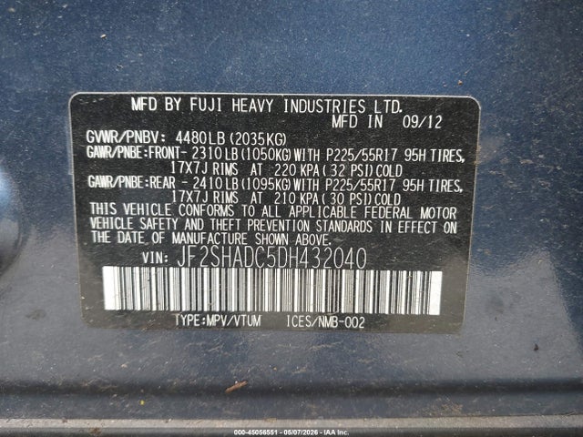 2013 Subaru Forester 2.5x Premium მანქანა იყიდება აუქციონზე, vin: JF2SHADC5DH432040, აუქციონის ნომერი: 45056551