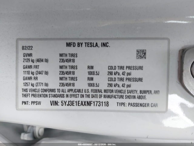 Aukcja sprzedaży 2022 Tesla Model 3 Rear-wheel Drive, vin: 5YJ3E1EAXNF173118, numer aukcji: 45056557