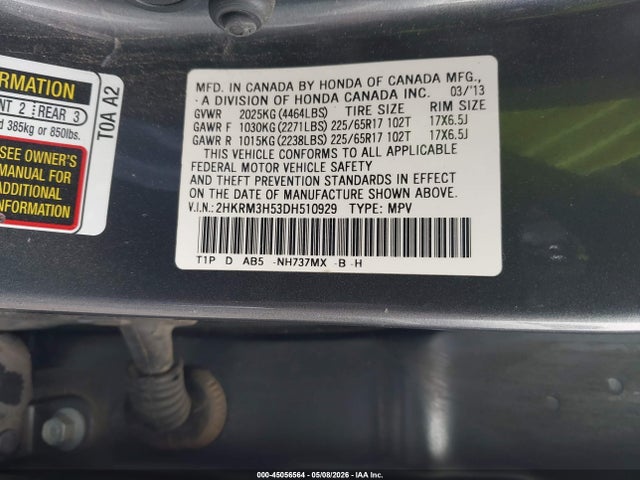 2013 Honda Cr-v Ex მანქანა იყიდება აუქციონზე, vin: 2HKRM3H53DH510929, აუქციონის ნომერი: 45056564