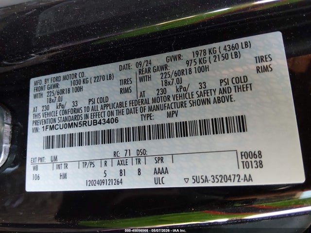 Продаж на аукціоні авто 2024 Ford Escape St-line, vin: 1FMCU0MN5RUB43406, номер лоту: 45056566