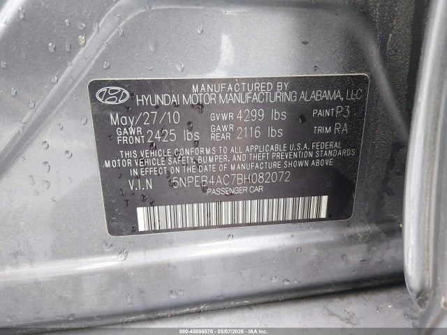Aukcja sprzedaży 2011 Hyundai Sonata Gls, vin: 5NPEB4AC7BH082072, numer aukcji: 45056570