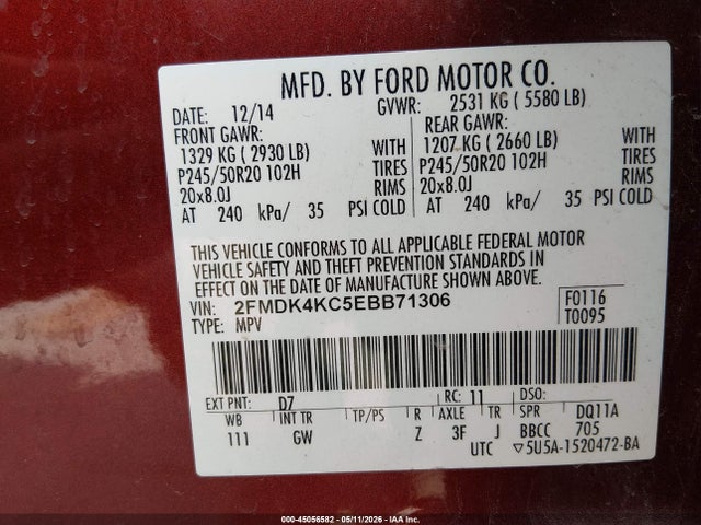 45056582 :رقم المزاد ، 2FMDK4KC5EBB71306 vin ، 2014 Ford Edge Limited مزاد بيع