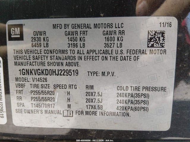 Aukcja sprzedaży 2017 Chevrolet Traverse 1lt, vin: 1GNKVGKD0HJ229519, numer aukcji: 45056586