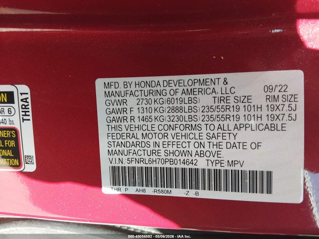 Auction sale of the 2023 Honda Odyssey Sport, vin: 5FNRL6H70PB014642, lot number: 45056592