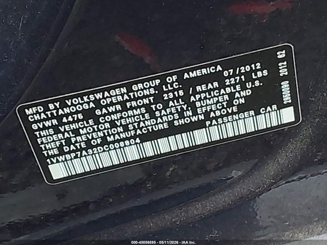 Продаж на аукціоні авто 2013 Volkswagen Passat 2.5l Se, vin: 1VWBP7A32DC008804, номер лоту: 45056595